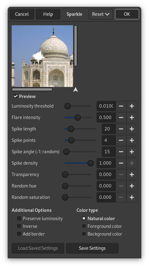 Sparkle filter options
