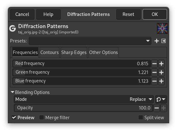 Diffraction Patterns filter options