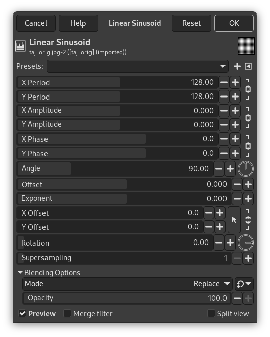 Linear Sinusoid filter options dialog