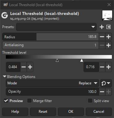 Local Threshold filter options
