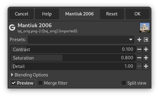The Mantiuk 2006 filter Dialog