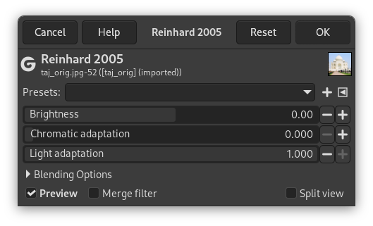 The Reinhard 2005 filter Dialog