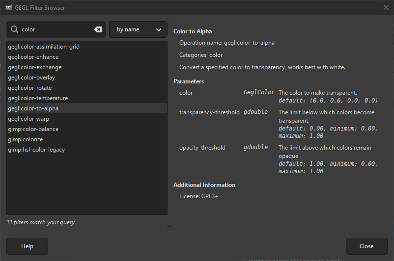 The GEGL Filter Browser dialog window