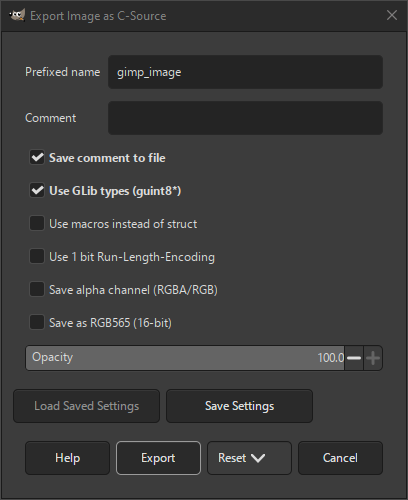 The C-Source Export dialog