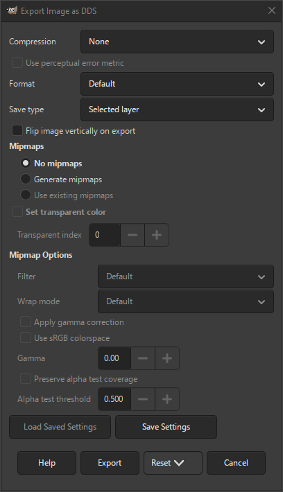 The DDS Export dialog