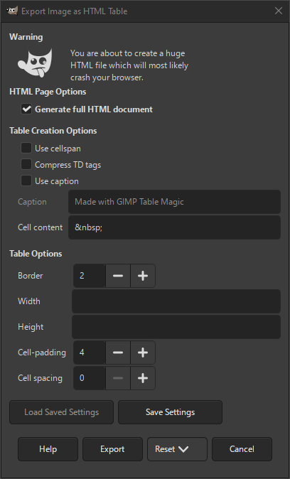 The HTML Table Export dialog