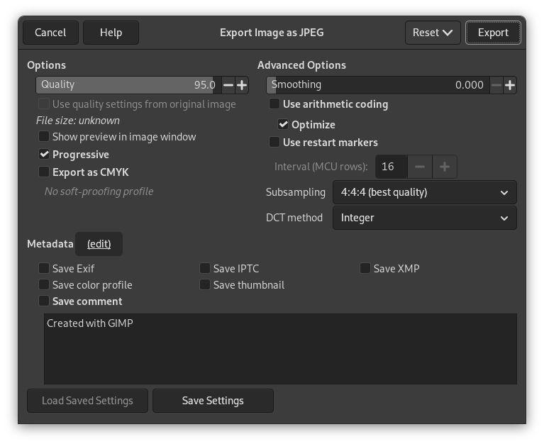The JPEG Export dialog