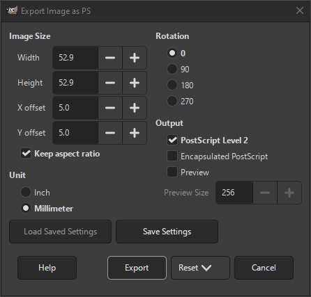 The PS Export dialog