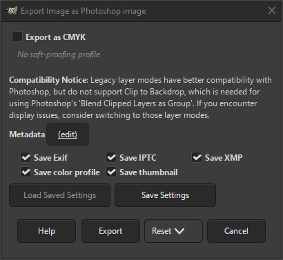 The Photoshop image Export dialog