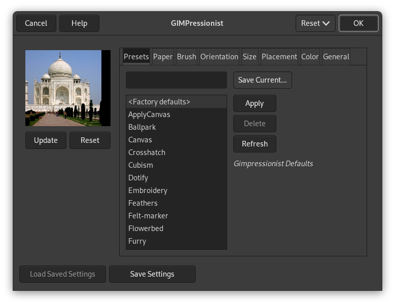 Opties voor filter GIMPressionist
