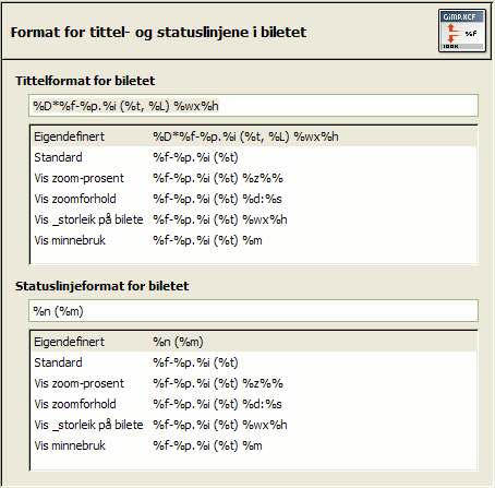 Innstillingar for format for tittel- og statuslinjer i biletet