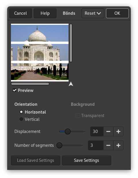 Параметры фильтра «Жалюзи»