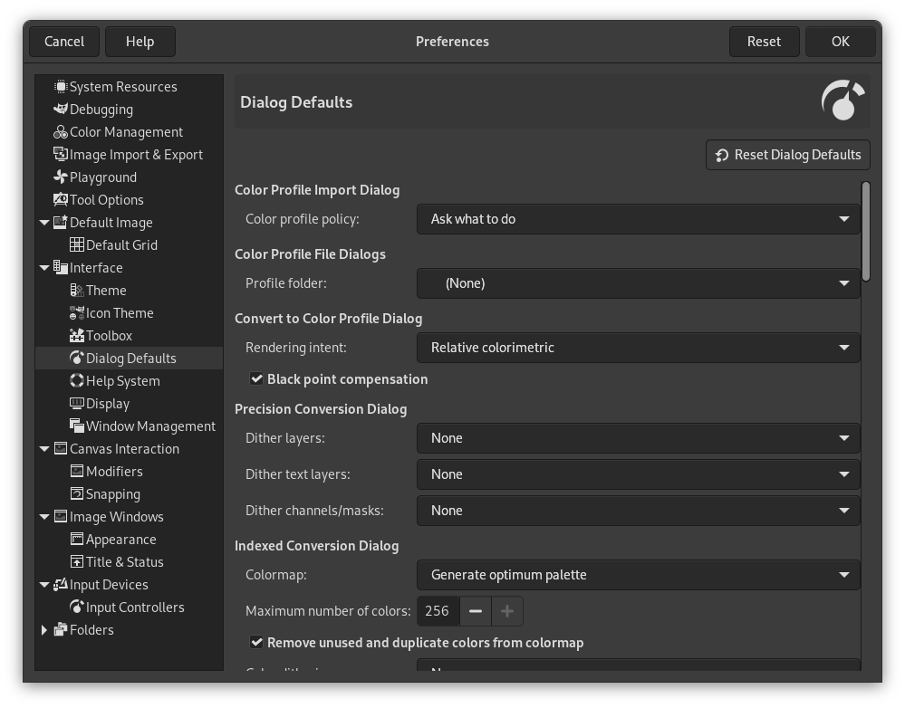 Параметры исходных значений в диалогах