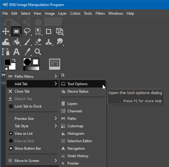 Восстановление пропавшего диалогового окна параметров инструмента