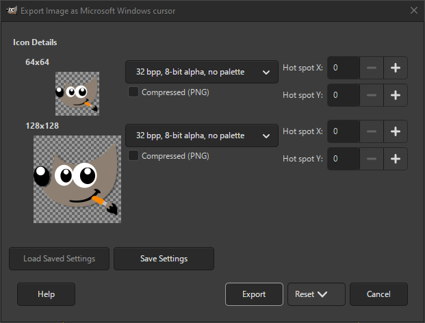 The Microsoft Windows Cursor Export dialog