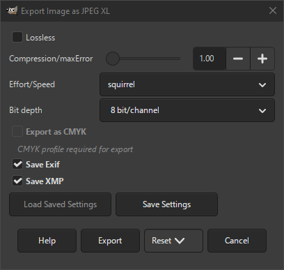 The JPEG XL Export dialog