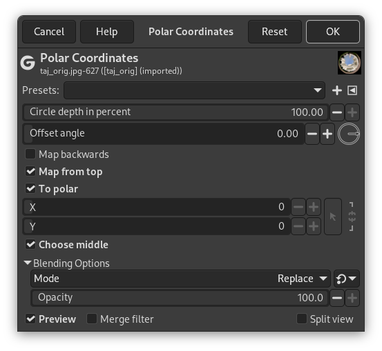 „Polar Coordinates“ filter options