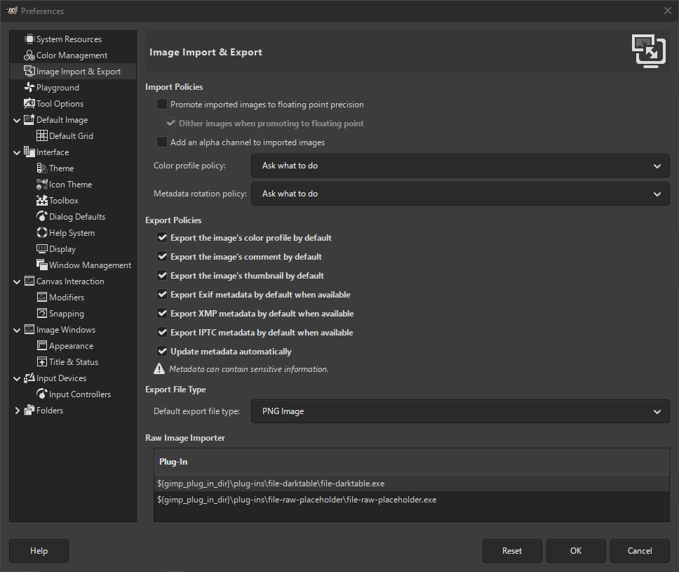 Image Import and Export Preferences