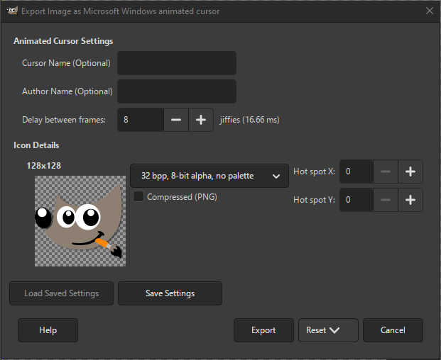 The Microsoft Windows Animated Cursor Export dialog