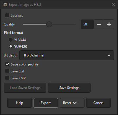 The HEJ2 Export dialog