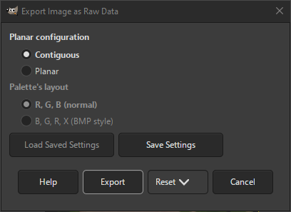 The Raw image data Export dialog