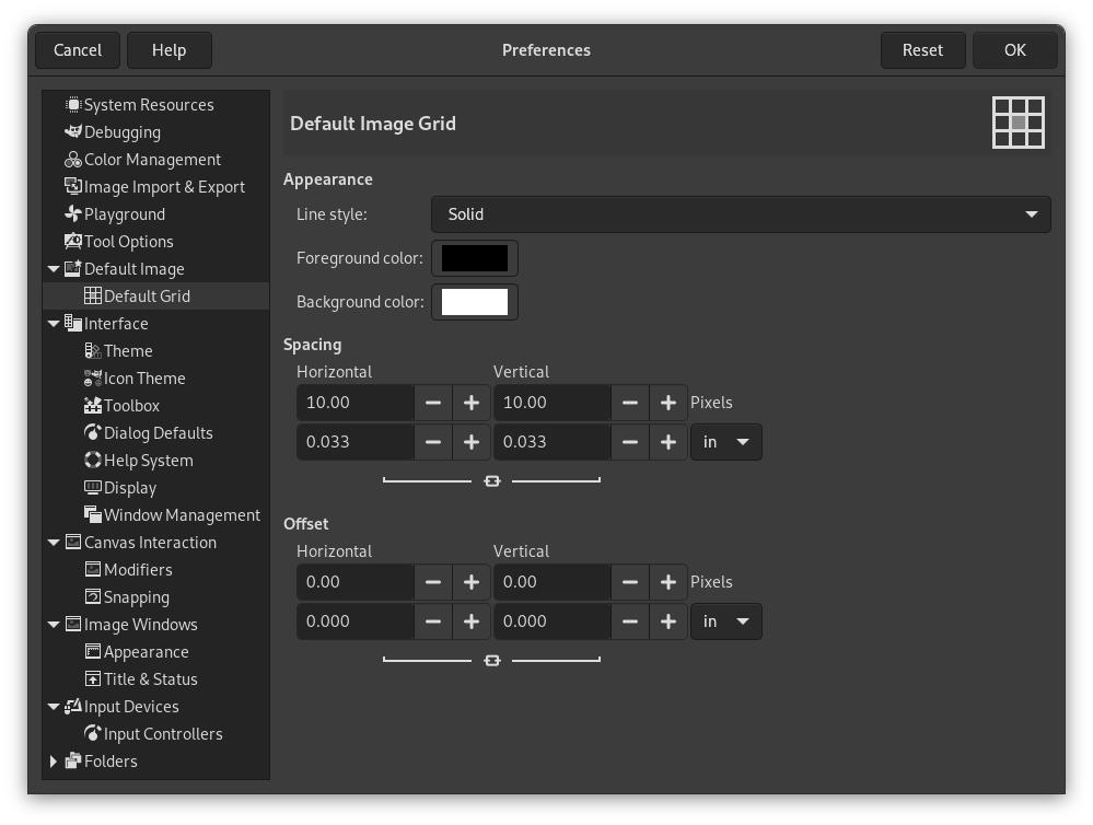 Standardindstillinger for gitter