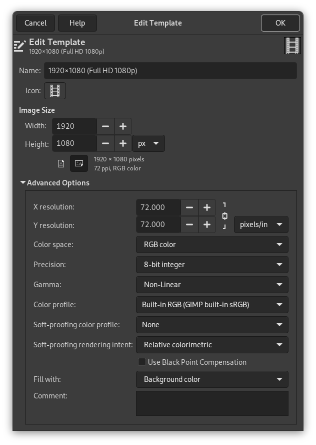 Ansicht des Vorlageneditors