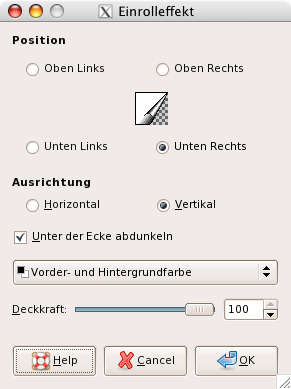 „Page Curl“ filter options