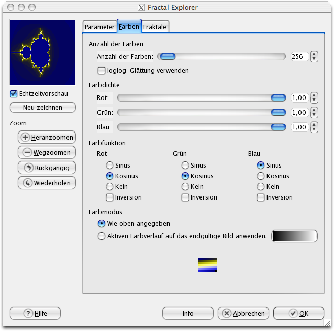 Eigenschaften für das Filter „Fraktal-Explorer“ (Farben)