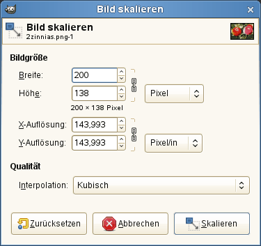 Dialog, um Bilder unter Angabe von Pixeln zu skalieren