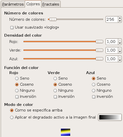 Opciones del filtro “Explorador de fractales” (colores)