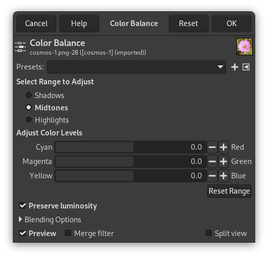 Opciones de balance de color