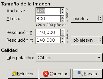Diálogo para escalar la imagen en píxeles