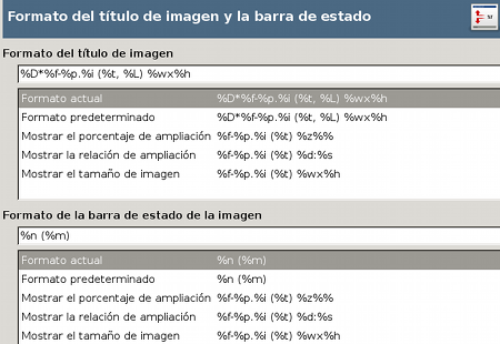 Formatos del título de de ventana de la imagen y de la barra de estado