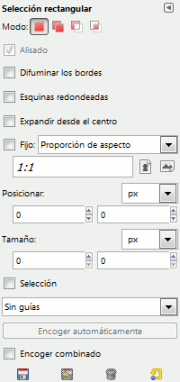 Las opciones de herramienta para la herramienta de selección rectangular