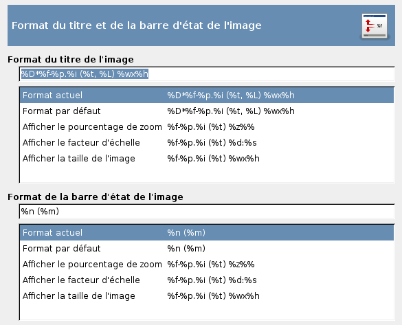 Formats du titre et de la barre d’état de la fenêtre d’image